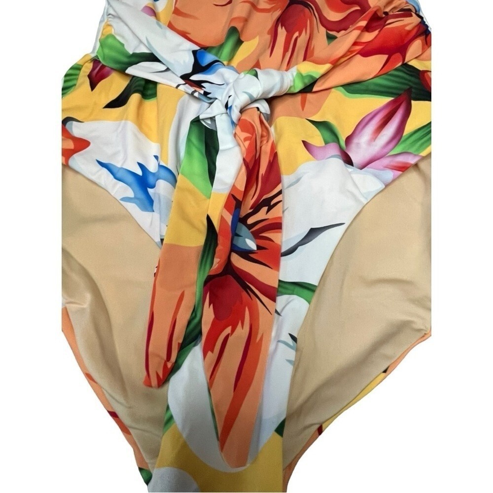 Palms Away Floral‎ One Piece Swimsuit Womens XS Yellow Tropical Tie Front NEW - Picture 3 of 10